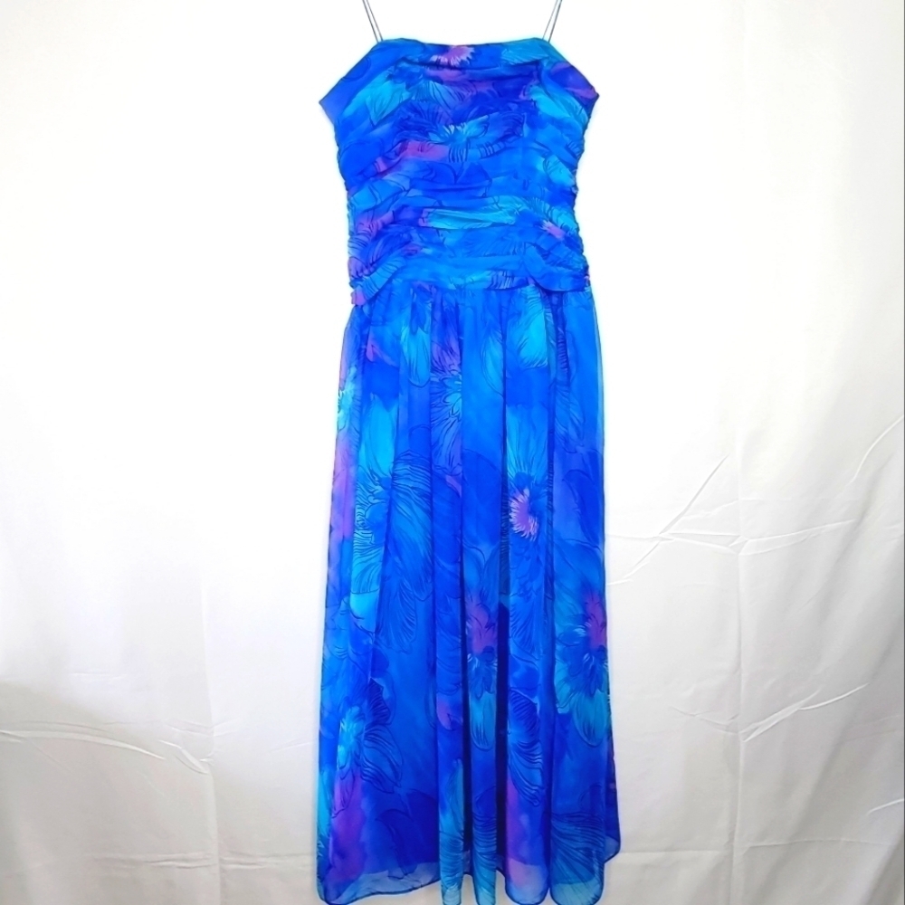 Vintage Miss Elliette Chiffon Maxi Dress Size 6 Floral Watercolor Fairy Mermaid